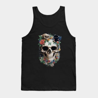 Skull With Flowers And Cats Tank Top